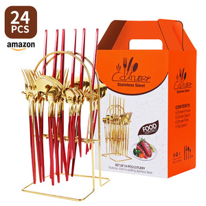 Juego de cubiertos de acero inoxidable de 24 piezas, chapados en oro, con mango rojo y soporte para mesa de comedor. - Product Image 1
