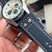 Montre à quartz pour homme style pilote, cadran crème, chronographe, bracelet en cuir de vachette marine, lunette tachymètre, montre-bracelet quotidienne pour homme d'affaires