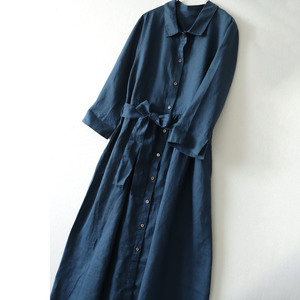 Abito Lungo Casual da Donna in Lino a Maniche Lunghe, Tinta Unita, con Colletto a Risvolto, Bottoni e Cintura in Vita, Vestibilità Ampia - Buongiorno - Product Image 2