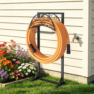 Soporte para manguera de jardín, estante de almacenamiento de manguera independiente con cesta de almacenamiento, estante de almacenamiento metálico para jardín exterior. - Product Image 4