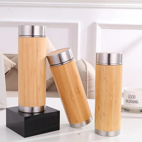 Stainless Steel Bamboo Water Bottle Led Touch Temperature Display With Bamboo Lid