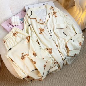 <span class=keywords><strong>Pigiama</strong></span> da Donna in Seta di Latte con Stampa Orso Premium, Maniche Lunghe e Pantaloni, Indossabile Anche Fuori Casa, Primavera e Autunno - Product Image 5