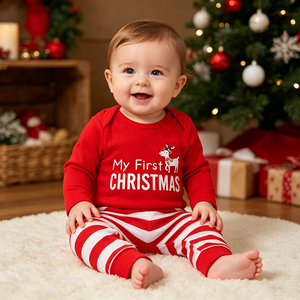 Ensemble de vêtements de Noël pour bébé en coton, vêtements pour nouveau-né, 2 pièces, combinaison à manches longues rouge avec pantalon rayé, tenue de fête pour bébé - Product Image 1