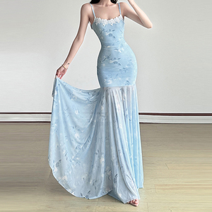 Romantic Floral Beach Vacation <b>Spaghetti</b> <b>Strap</b> Dress Elegant Mesh Women's Mermaid Dress - Product Image 1