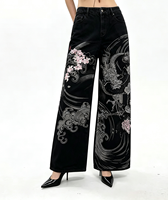 SOONREE Jeans pour femmes à imprimé dragon et tigre japonais, taille haute, jambe large, pantalon en denim pour femmes, streetwear oriental