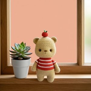 Crochet Poupée de Petit Ours Brun avec Pomme Rouge Simple Crochet Débutant Activité Enfants Projets En Tricot - Product Image 3