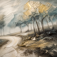 Peinture à l'huile de paysage peinte à la main de style impressionniste, sentier en forêt brumeuse avec arbres turquoise, impression d'art mural