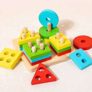 Juguete de Rompecabezas Apilable de Madera Natural, Juego de Reconocimiento de Colores y Clasificación de Formas para Bebés - Product Image 5