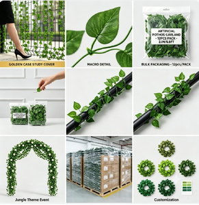 Feuilles de radis vertes artificielles, lot de 12 pièces, guirlande de pothos et de lierre, 2,1 m, <span class=keywords><strong>plante</strong></span> synthétique suspendue, décoration murale pour mariage, fête, jardin - Product Image 2