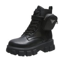 Sepatu bot musim dingin musim gugur wanita, dengan hak tebal kulit sapi sol atas PU pola Solid menambah tinggi fitur kehangatan nyaman