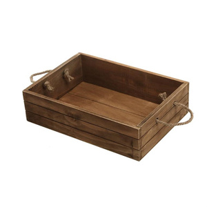 Rustic Brown Wooden Storage Fruit Box Open Top Organizer Bin with Rope Handles Wood Storage Crate