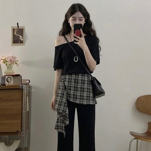 Korean Style Off Shoulder Two Piece Set Black Short Sleeve Plaid Splicing Summer Casual Women's Loose Fit Suit FQ 610 - Product Image 4