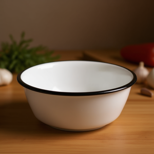 Bol en émail blanc avec bord noir, diamètre 12 cm, pour servir ou cuisiner - Product Image 3