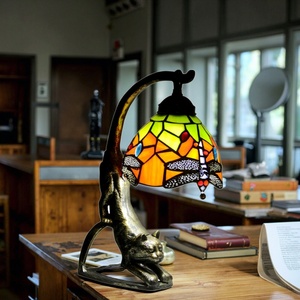 LongHuiJing Cat Art Stained Glass Tiffany Dragonfly Pattern Table Desk Lamp E14 Base AC Powered Dome <b>Night</b> <b>Light</b> for Bedroom - Product Image 2