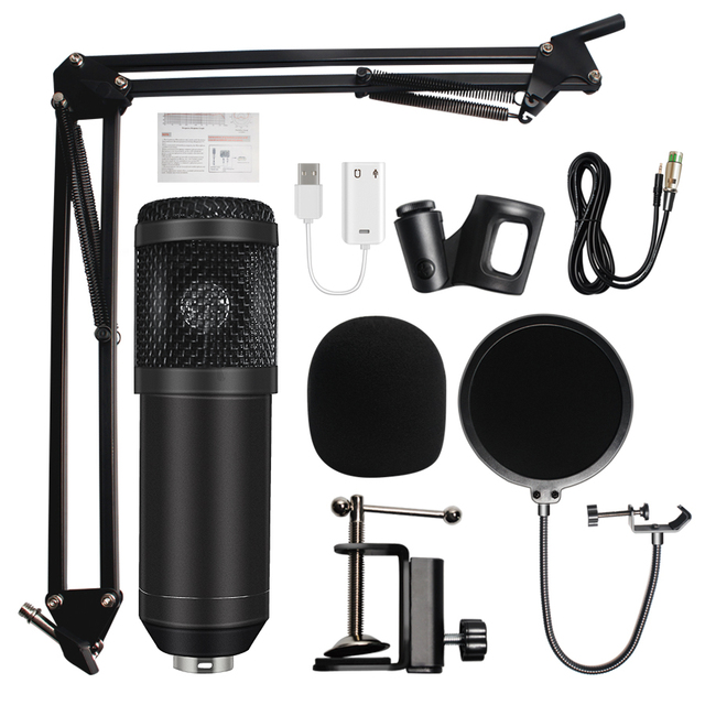 BM 800 Wired Microfono Condensador Metal and Plastic Mic Condenser Microphone with Shock Mount Arm Stand and Pop Filter