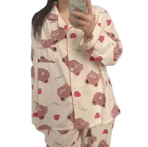 Горячая Распродажа, осенний Детский костюм из 2 предметов пижамы для женщин с лацканами кардиган с цветочным принтом женская одежда для сна, Повседневная футболка с длинными рукавами и штаны одежда для сна