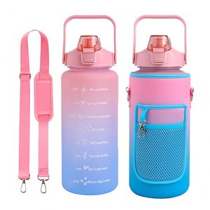 Bouteilles d'eau en plastique givré multicolores en gros 1000 ml/2000 ml – Gourde motivante avec marqueur de temps pour le camping - Product Image 3