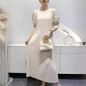 Abito Midi da Donna Primavera/Estate in Poliestere con Gonna Plissettata, alla Moda, Giovanile, Ampio, <span class=keywords><strong>Taglie</strong></span> Forti, Tinta Unita, Girocollo - Product Image 1