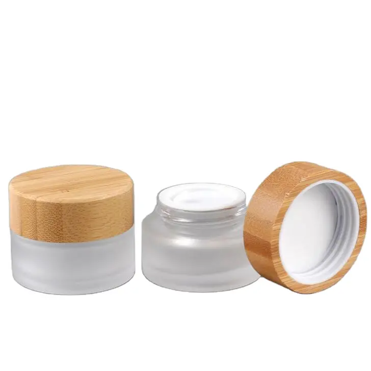 Best selling natural Packaging cream wooden bamboo jars clear frosted glass jar with bamboo lid