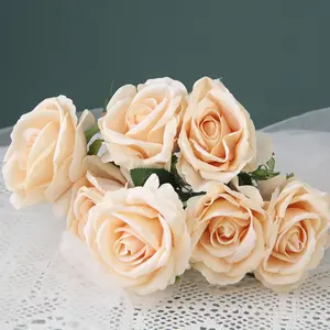 Handmade Artificial Flannel Rose Flowers 7-Head Bridal Bouquet for Valentine's Day Spring Wedding Flowers at Great Price