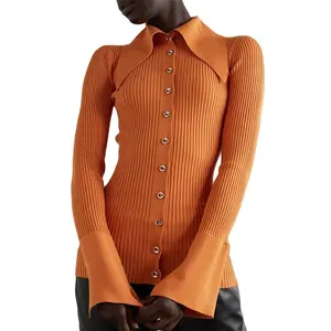 Fabricantes de malhas personalizadas costela elegante cardigã casual feminino suéter solto para outono inverno suéter de malha cardigã feminino