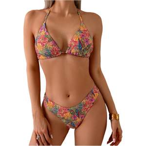 ชุดบิกินี่ทรงสามเหลี่ยมพิมพ์ลายทรอปิคอลสำหรับผู้หญิง ผ้าสแปนเด็กซ์ โพลีเอสเตอร์ ยืดหยุ่นได้ ชุดว่ายน้ำสองชิ้น - Product Image 3
