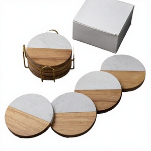 USA Warehouse Eco-Friendly Country Style 4pcs Wooden <b>Coasters</b> <b>Set</b> with Holder and Box Package 10mm Thick Round Design - Product Image 3