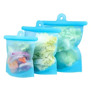 Reusable Self Sealing Leakproof Stand up Ziplock Vacuum Sealer Clear Silicone Zipper Lock Silicone Food Storage Bag