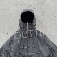 Pull Vintage en Demin avec Épaules tombantes Personnalisé Délavé à l'acide Pull Graphique pour Hommes à Capuche Intégrale Zip up Retro Ninja Distressed Hoodie
