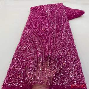 도매 가격 및 하이 퀄리티 스팽글 레이스 원단 자수 블랙 소재 얇은 명주 그물 - Product Image 4