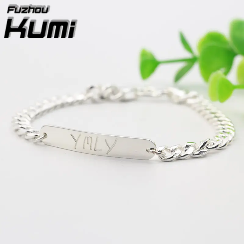 Handmade Design Man Bracelet with Curb Chain Name Engraved Plate in Sterling Silver 925