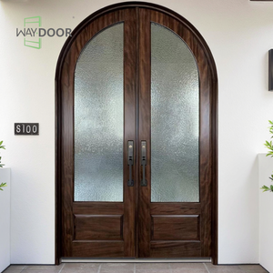 Полностью индивидуальная высококачественная современная входная дверь из массива красного дерева и дуба с матовым стеклом и арочной формой для домов, двойная дверь из цельного дерева - Product Image 1