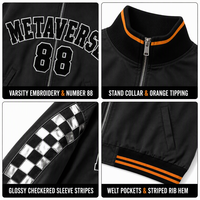 Blouson universitaire unisexe à col montant, motif damier noir et blanc, patchwork color block, noir et orange, 3 bandes côtelées, lettres courbes grandes