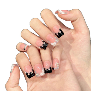 <span class=keywords><strong>Uñas</strong></span> <span class=keywords><strong>Postizas</strong></span> Hechas a Mano al por Mayor, Estilo Duckbill, <span class=keywords><strong>Cortas</strong></span> y Anchas, con Flores 3D, Diamantes <span class=keywords><strong>de</strong></span> Imitación, Brillo Morado y Rosa, Reutilizables, OEM, ODM, Empaque Personalizado - Product Image 1