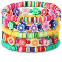 Enfant Rose Bleu Coloré Argile Fruit Souriant Visage Perlé Bracelet Doux En Céramique Élastique Bracelet Ensemble Pour Enfants