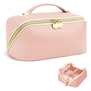 Beige Women Makeup <strong>Bag</strong> <strong>Travel</strong> Waterproof Vegan Leather Cosmetic <strong>Bag</strong> Open Flat <strong>Toiletry</strong> <strong>Bag</strong> With <strong>Clear</strong> Divider and Handle - Product Image 2