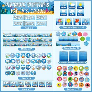 Juego de tableros de bolsillo con calendario para el aula, 120 tarjetas, clima, estaciones, festivales, educativo para la gestión del tiempo - Product Image 1