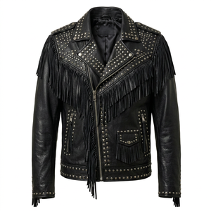 Chaqueta de Cuero Negra para Hombre, Estilo Motero, con Flecos y Remaches, Cuello Camisero, Cierre de Cremallera, Corte Regular, Estilo Invernal, Resistente al Viento, Estilo Urbano - Product Image 1