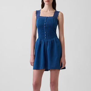 Vestido corto de algodón con encaje y cuello cuadrado para mujer, vestido informal de verano con botones plisados ​​de estilo vintage - Product Image 3