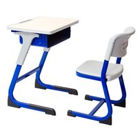 Ensemble bureau et chaise d'école à hauteur fixe avec panneau latéral moulé, table d'étude bleue et blanche, mobilier ergonomique pour enfants en classe