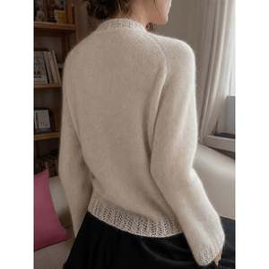 Pull blanc à manches longues et col boutonné pour femme, tricot - Product Image 3