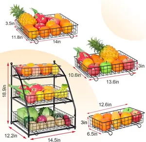 Nuovo arrivo articoli per la casa cestino rimovibile per frutta e verdura in filo metallico nero a 3 strati