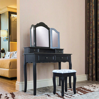 Meubles de vanité noire à trois volets de style moderne de luxe ensemble de commode de maquillage stockage en bois chambre coiffeuse chaise pour hôtel