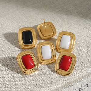 Fashion Stud <b>Earrings</b> 18K Gold Plated Stainless Steel Geometric Square Black Agate <b>Red</b> Inlay Bezel Setting - Product Image 3
