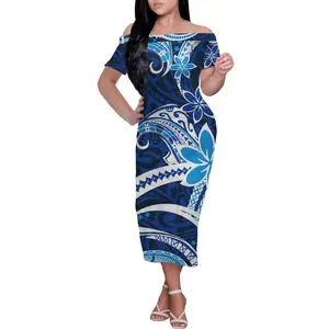 사용자 정의 패턴 패션 드레스 2021 여성 의류 폴리네시아 부족 디자인 인쇄 슈퍼 소프트 블루 어깨 여름 드레스