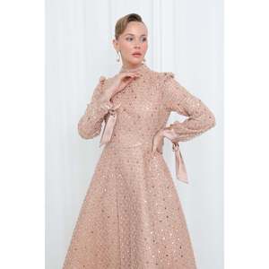 Elegante Vestido de Noche de Satén con Lentejuelas para Mujer, Cuello Alto, Corte en A, Detalle de Lazo, Hecho a Mano, Color Azul Marino 17014ELB - Product Image 4