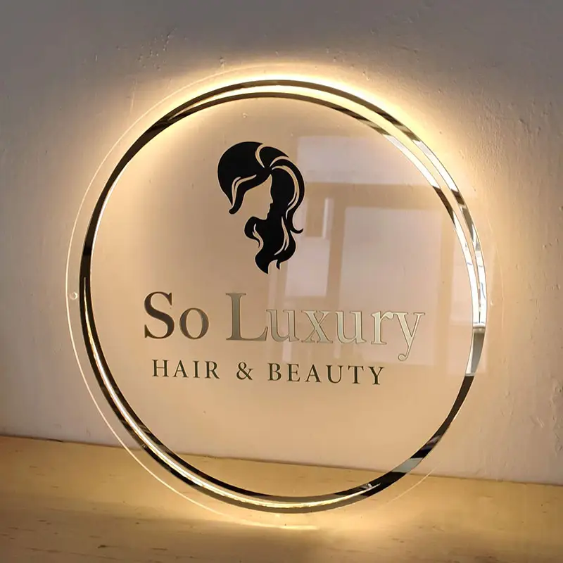 Hair Studio Sign Business acrilico retroilluminato segno specchio rotondo Logo Office Door Signage Boards