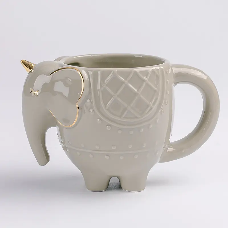 Logo kustom cangkir teh gajah hijau 15oz kopi latte keramik timbul bentuk putih