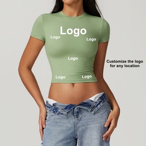 T-shirt Corta da <span class=keywords><strong>Donna</strong></span> Sexy Stile Casual <span class=keywords><strong>Fitness</strong></span> Taglio Aderente Girocollo con Logo Personalizzato Tinta Unita Sportiva Baby Tee Y2K Crop Top Neutro - Product Image 5
