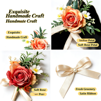 Boutonnière en satin avec rose rouge et verdure, nouée à la main, pour le marié, le témoin, le père, mariage, banquet, bal, décoration de revers de costume